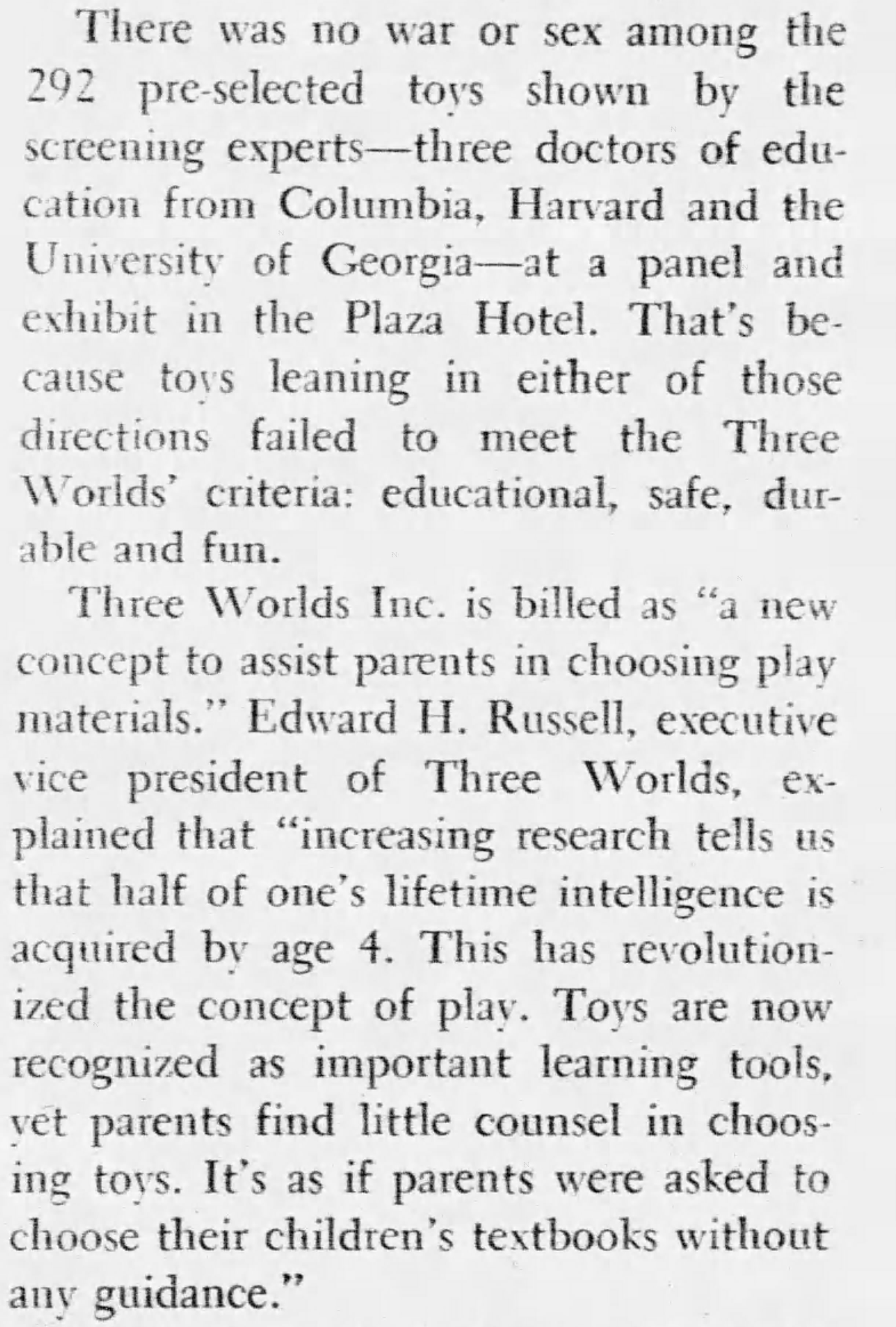 newspaper clipping demonstrating three worlds initial toy selection