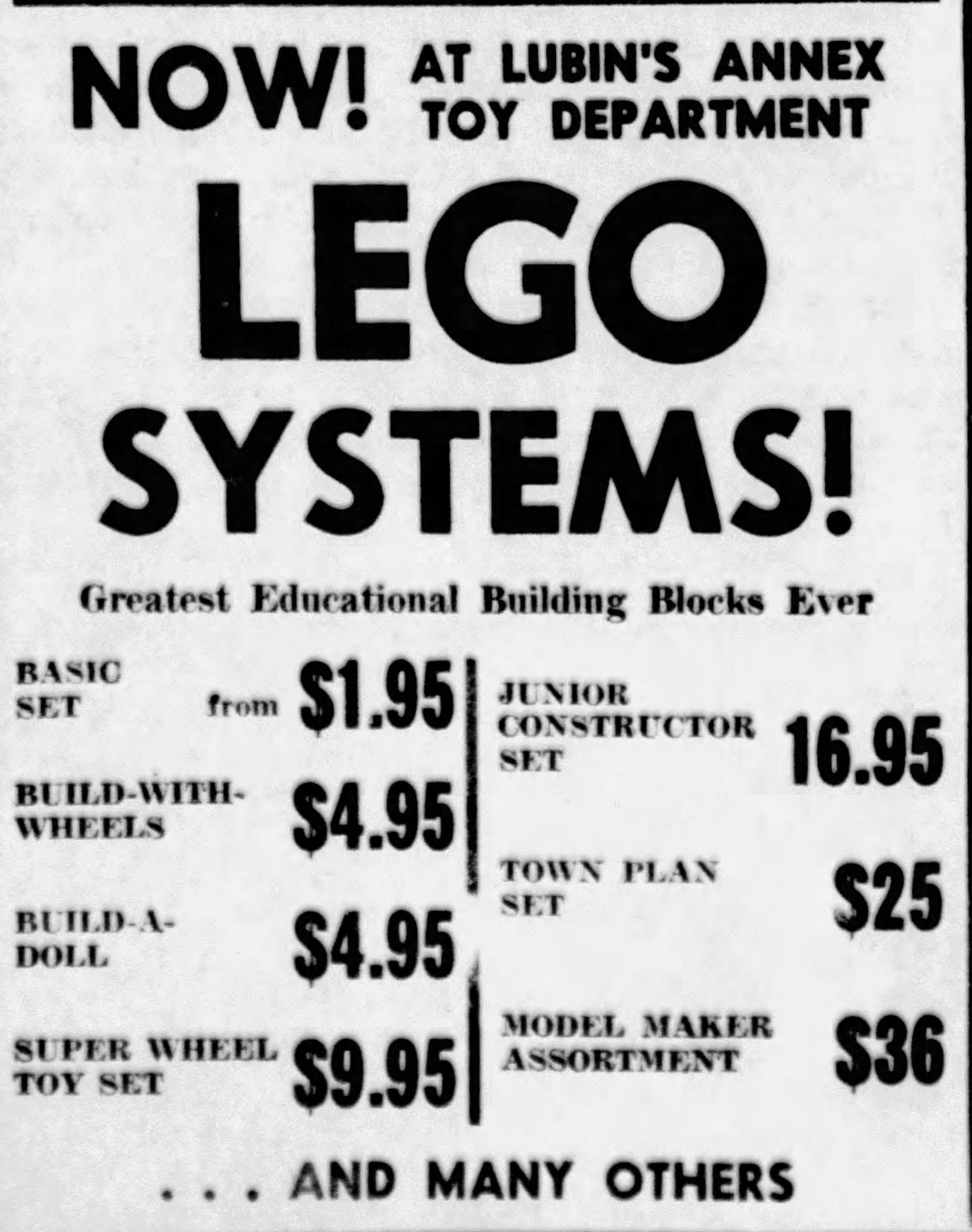 1965 newspaper clipping only showing the 1961-65 samsonite lego set