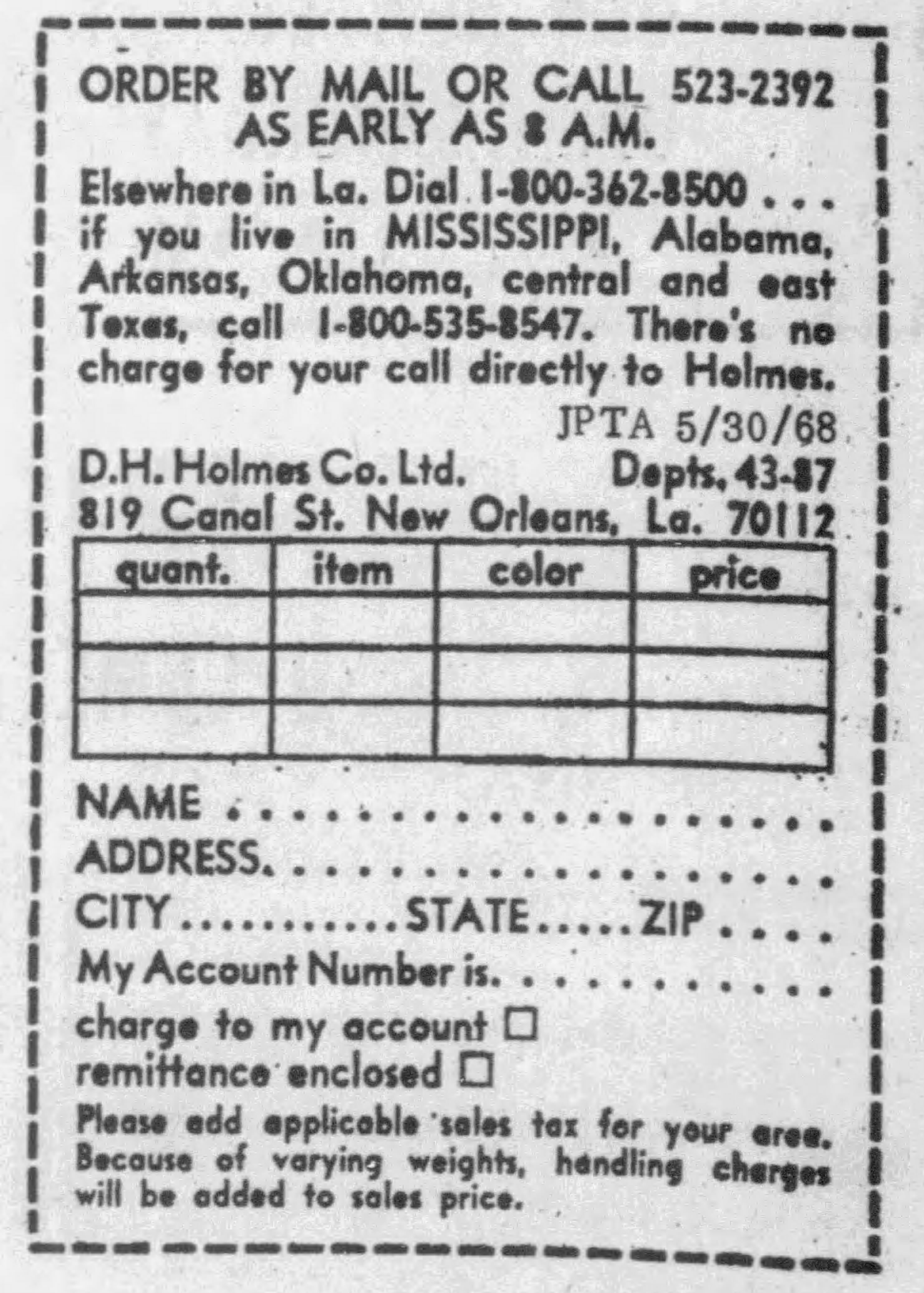 1968 newspaper from other holmes stores demonstrating same text as in catalog