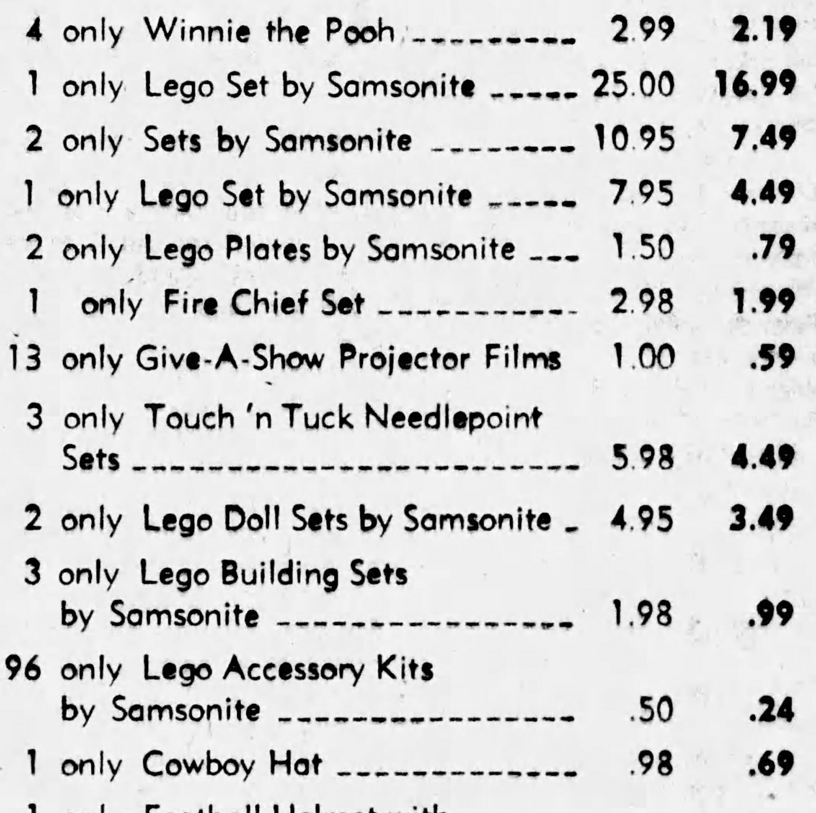 daily progress, nearly 100 50c Samsonite LEGO supplements in 1966