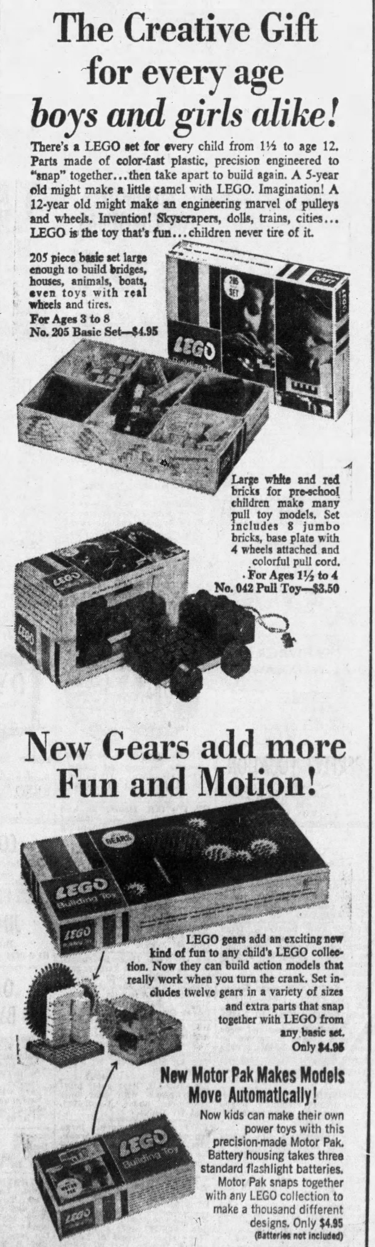 1965 ad featuring a lego 205 basic set and 042 pull toy