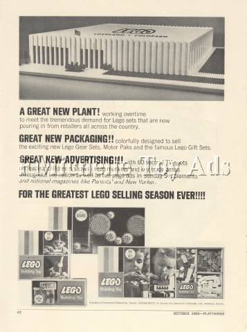 playthings magazine showing loveland plant lego model 1965