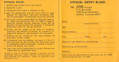 1969 LEGO Samsonite Make-a-Model Contest Entry Blank