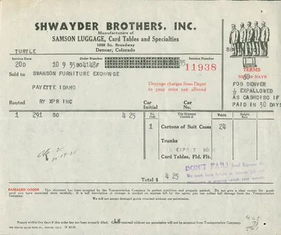 Thumbnail for Shwayder Brothers, Inc. Invoice (1935)