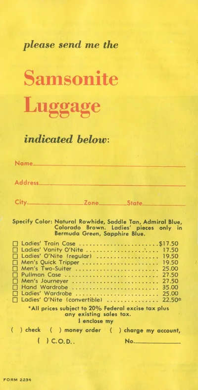 Samsonite Retailer Order Brochure ("The Luggage That Can 'Take It'")