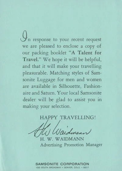 "A Talent For Travel" Samsonite Luggage Brochure